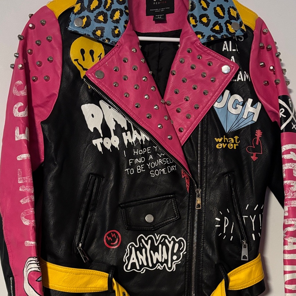 Women’s Red Fox Colorful Studded Leather Jacket Sz. M - Picture 2 of 8